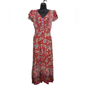 Boho Tiered Floral Maxi Dress Smocked Waist Flutter Sleeve - Size XL